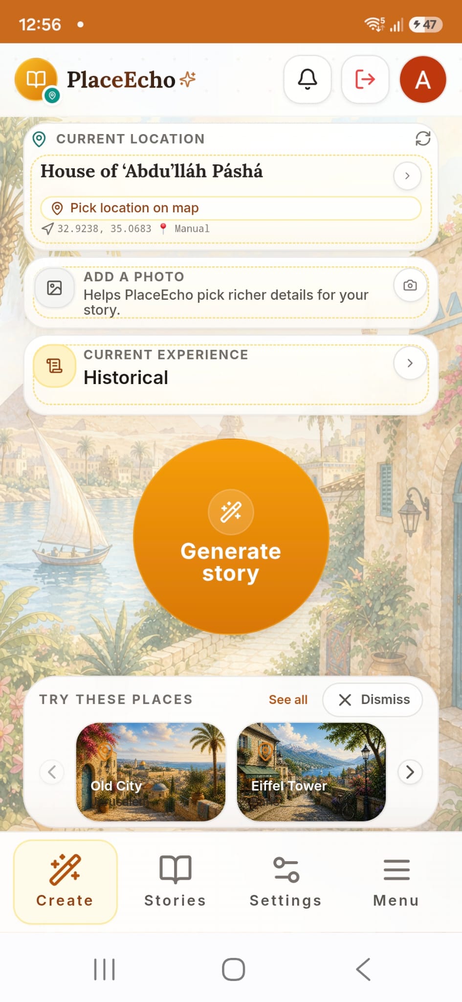 PlaceEcho mobile app create screen